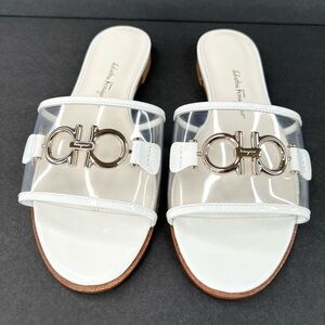 Salvatore Ferragamo Rhodes Pvc Gancini Logo White Leather Flat Sandals Size US 5